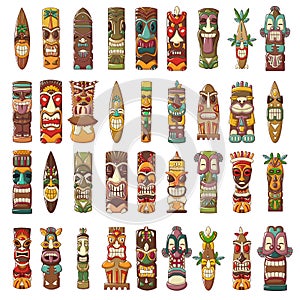 Tiki idols icon set, cartoon style