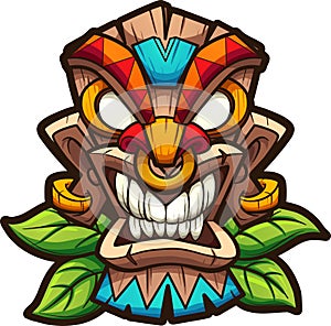 Cartoon colorful tiki mask with leaves. photo