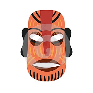 Tiki mask dol, brown ethnic totem with stripes, tribal mask template, wooden mask carving