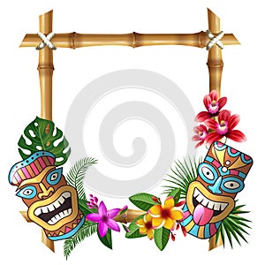 Tiki mask and frame. Hawaii authentic background bamboo square sticks exotic flowers and plants wooden totem vector