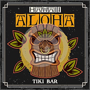 Tiki mask hawaiian wooden tribal idol vector colored decorative illustration in vintage style with text and grunge