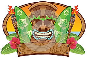 Tiki mask with surfing board