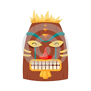 Tiki mask tribal. Hawaiian totem or african maya aztec wooden idol isolated on white background. Ethnic ritual head
