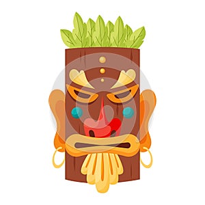 Tiki mask tribal. Hawaiian totem or african maya aztec wooden idol isolated on white background. Ethnic ritual head