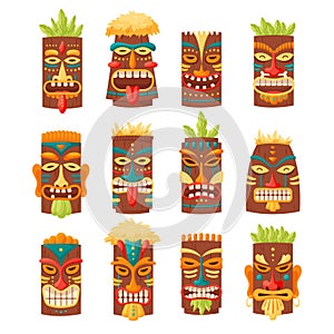 Tiki mask tribal set. Hawaiian totem or african maya aztec wooden idol isolated on white background. Ethnic ritual heads