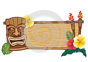 Tiki mask and wooden frame for text