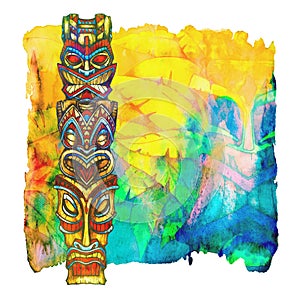 Tiki is painted in watercolor on a watercolor background