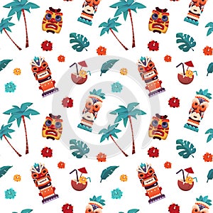 Tiki pattern. Hawaiian and Polynesian tropical masks. Summer vacation seamless background. Tribal totems and palms