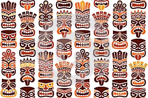 Tiki pole totem vector seamless pattern - traditional statue or mask design from Polynesia and Hawaii in brown