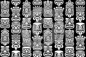 Tiki pole totem vector seamless pattern - traditional statue or mask repetitve design from Polynesia and Hawaii in white on black