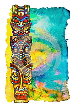 Tiki statues painted in watercolor on watercolor background in the form of tropical vegetation