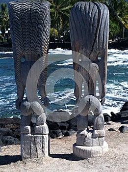 Tiki Statues at Puuhonua O Honaunau on the Big Island of Hawaii photo