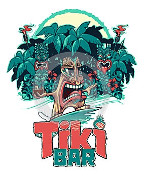 Tiki surfer and Tiki play the ukulele and drum. Tiki bar