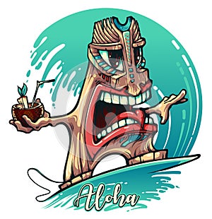 Tiki surfer on wave with an exotic cocktail in hand