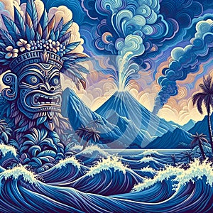 A tiki theme with tropical scene, erupting volcano in distance, ethnic style, painting art, mountain photo