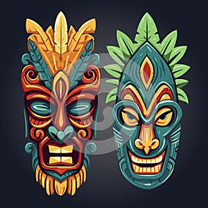 Tiki Tribal Mask, Hawaiian Design Elements, Vector Illustration