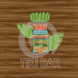 Tiki tribal wooden mask, signboard of bar. Hawaiian traditional elements