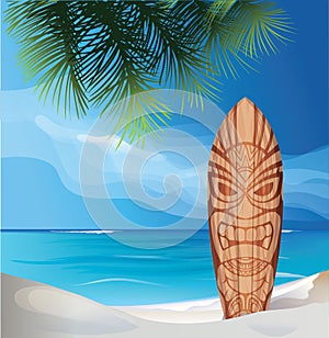 Tiki warrior mask design surfboard on ocean beach photo