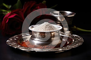 tilak powder contained in a silver vessel
