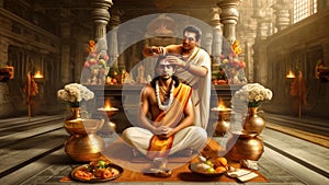 Tilaka Ceremony with Hindu Priest Applying Sacred Mark on Devotee