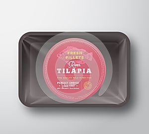 Tilapia Fillets. Abstract Vector Plastic Tray with Cellophane Cover Packaging Design Round Label or Sticker. Retro