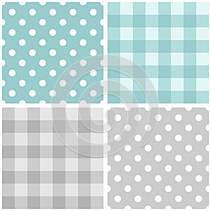 Tile vector blue and grey pattern set with polka dots and checkered plaid