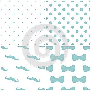 Tile blue and white vector pattern set with mustache, polka dots and bows