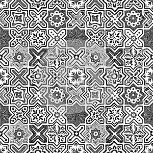 Tile embroidered seamless pattern. Black and white ornament in patchwork style. Vector illustration