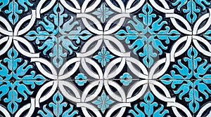 tile mosaic with traditional oriental Arabic Uzbek pattern decorated with blue and white floral ornament