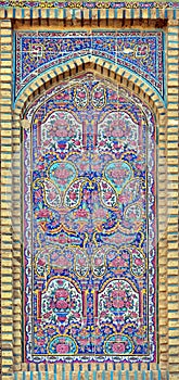 Tile mural artwork in Nasir-ol-molk Mosque `pink mosque` in Shiraz, Iran