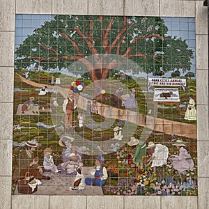 Tile mural depicting Park Cites annual picnic and rib burnoff in Dallas, Texas