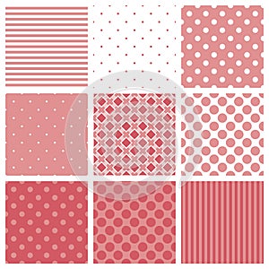 Tile vector pattern set with pink and white plaid, stripes and polka dots background photo