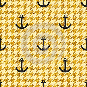 Tile sailor vector pattern with anchor on hounds tooth seamless gold pattern or background.