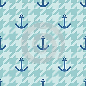 Tile sailor vector pattern with anchor on white and blue houndstooth background