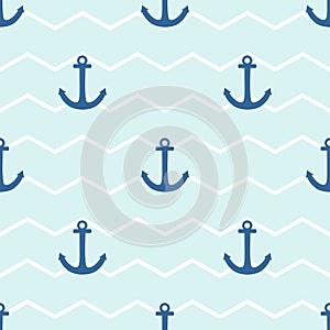 Tile sailor vector pattern with anchor on white and blue stripes background