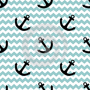 Tile sailor vector pattern with anchor on white and blue stripes background photo