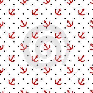 Tile sailor vector pattern with black polka dots and red anchor on white background