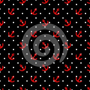 Tile sailor vector pattern with red anchor on black and white polka dots background