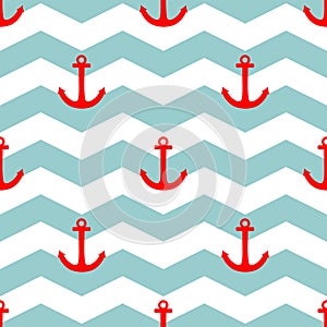 Tile sailor vector pattern with red anchor on white and blue stripes background