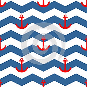 Tile sailor vector pattern with red anchor on white and blue stripes background photo