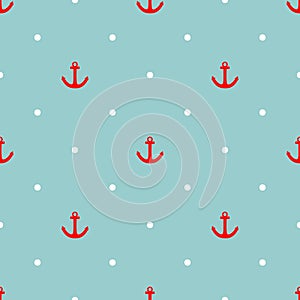 Tile sailor vector pattern with red anchor and white polka dots