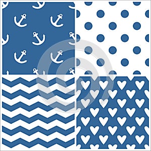 Tile sailor vector pattern set with polka dots, zig zag stripes and hearts on blue background