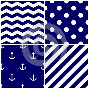 Tile sailor vector pattern set with white anchor, polka dots, zig zag and stripes on navy blue background