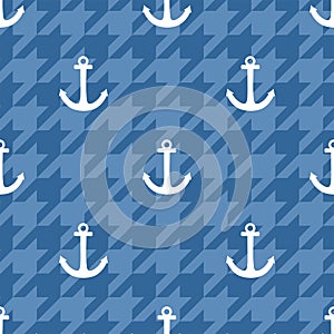 Tile sailor vector pattern with white anchor on blue houndstooth background