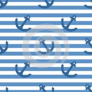 Tile sailor vector pattern with white anchor on navy blue stripes background