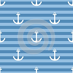 Tile sailor vector pattern with white anchor on navy blue stripes background