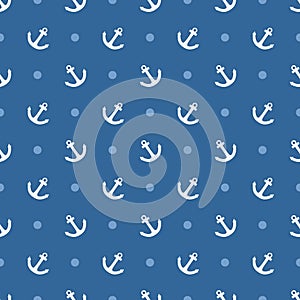 Tile sailor vector pattern with white anchor and polka dots on navy blue background