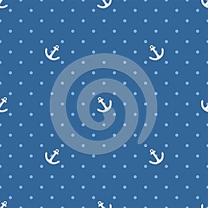 Tile sailor vector pattern with white anchor and polka dots on pastel blue background