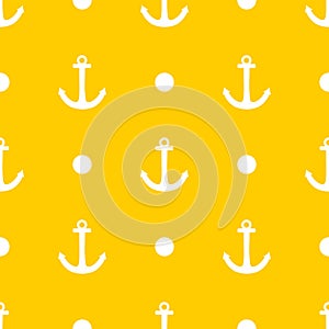 Tile sailor vector pattern with white anchor an polka dots on summer yellow background