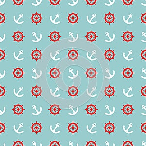 Tile sailor vector pattern with white anchor and red rudder on blue background